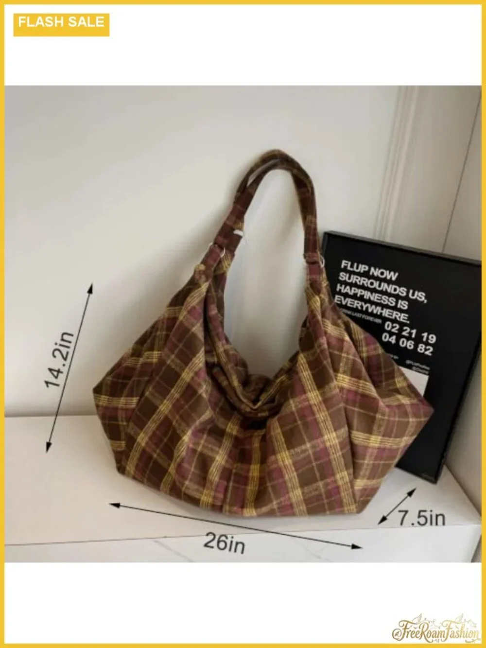 Woolen Plaid Tote Bag - Large Slouchy Hobo Shoulder Purse